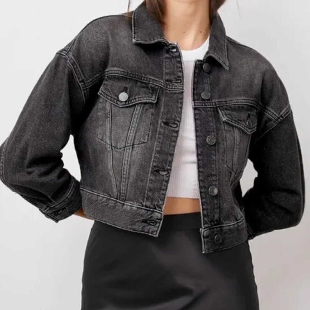 Rails Charcoal Denim Jacket Cropped Black Distressed Small